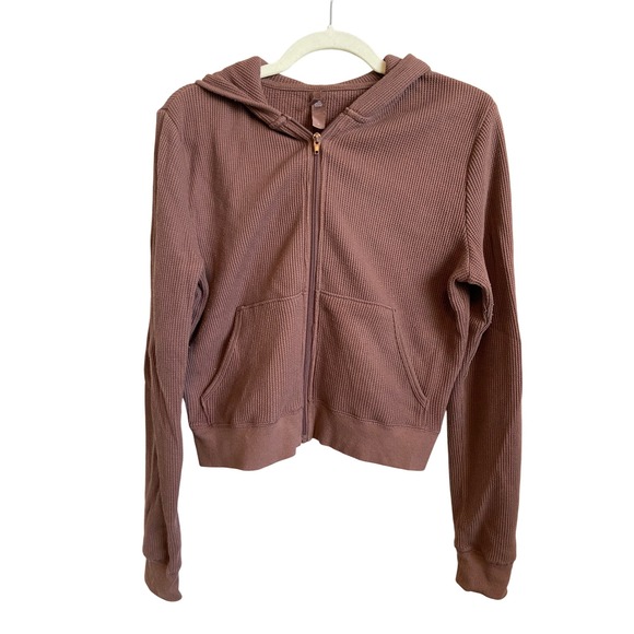 SKIMS Tops - SKIMS Waffle Knit Zip Up Hoodie Rose Clay Brown Cropped Thermal XL